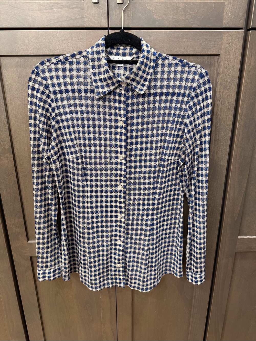 Cabi Mesh Top. Classic Navy and Cream Check Button-Up Shirt Size M